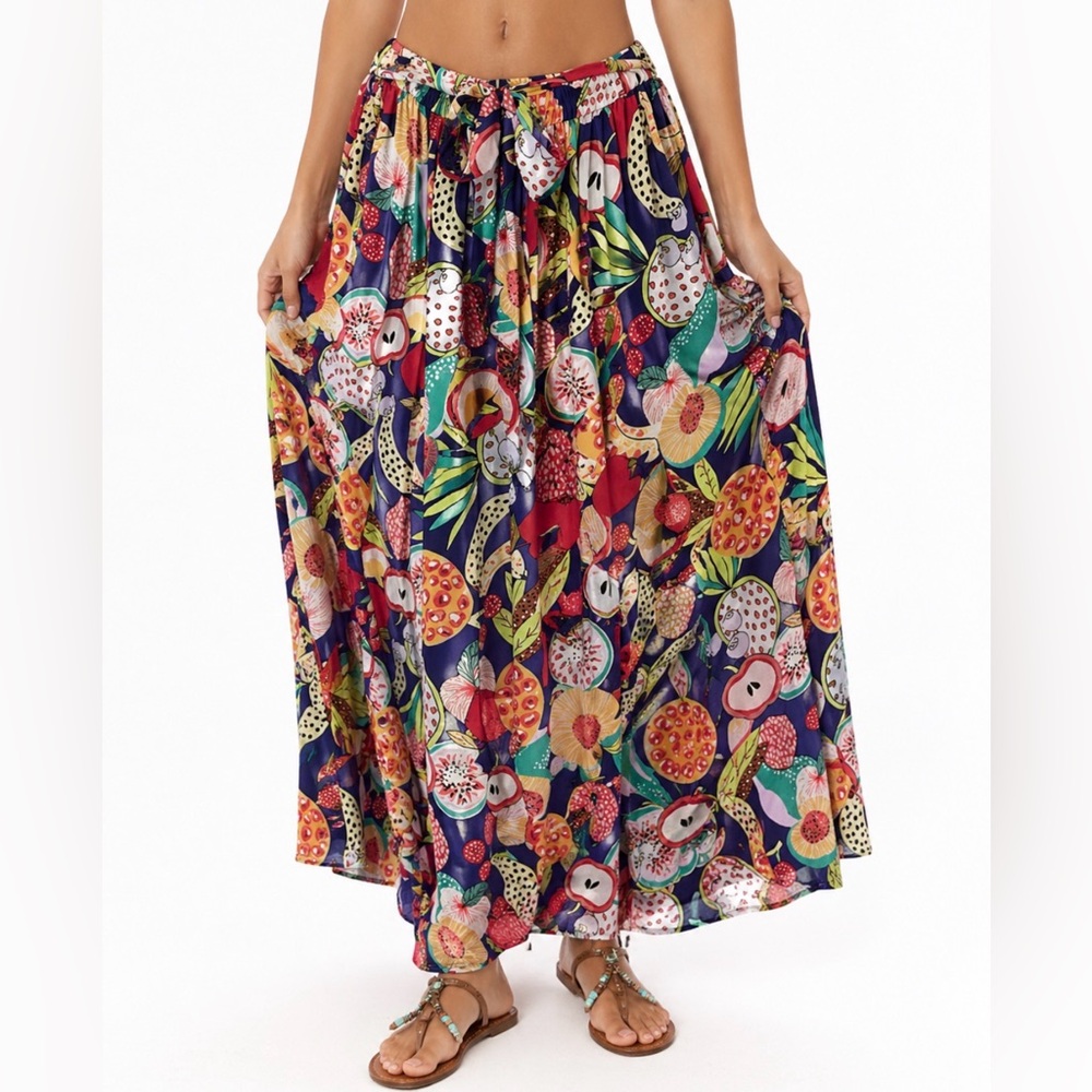 Her Destiny Tropical Fruit Print Maxi Skirt – Vibrant Tie Waist Flowy – Large